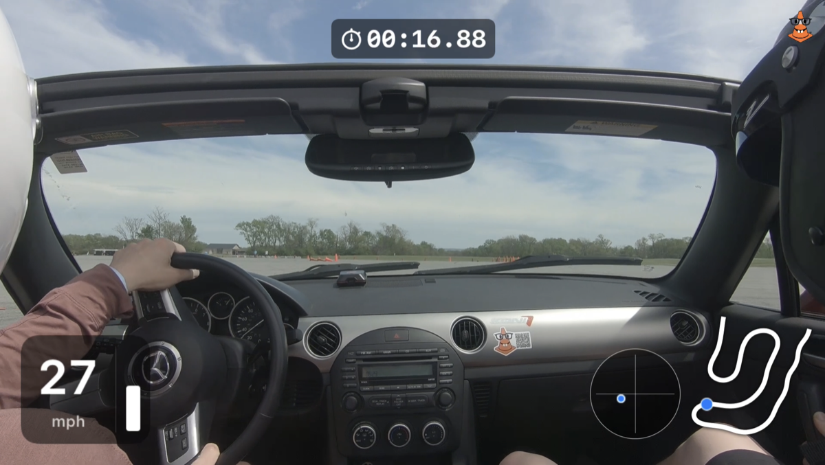 Exported autocross video with speed, RPM, and lap timing overlay